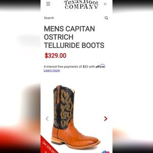 SOLD!! Capitan Men's TELLURIDE Cognac Ostrich Square Toe Cowboy Boots. 10EE NIB!